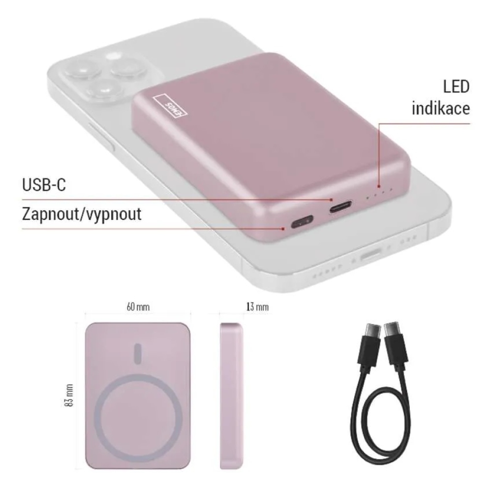Powerbanka EMOS WI 522, 5 000 mAh, 20 W+Wireless - lososová