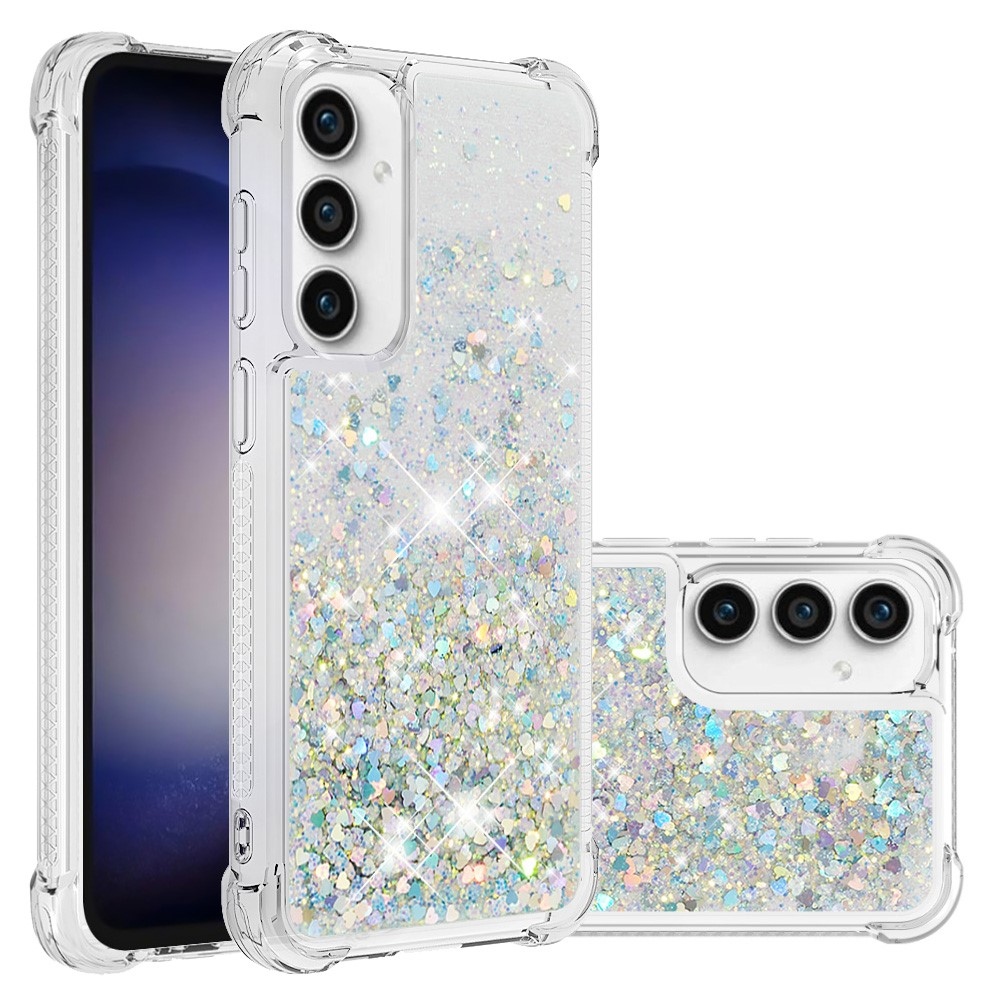 Glitter gelový přesýpací obal na Samsung Galaxy S23 FE - stříbrný/srdíčka