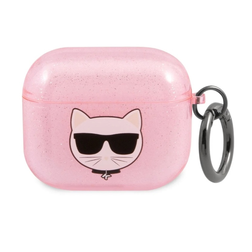 Karl Lagerfeld TPU Glitter Choupette Head pouzdro pro Airpods 3 růžové