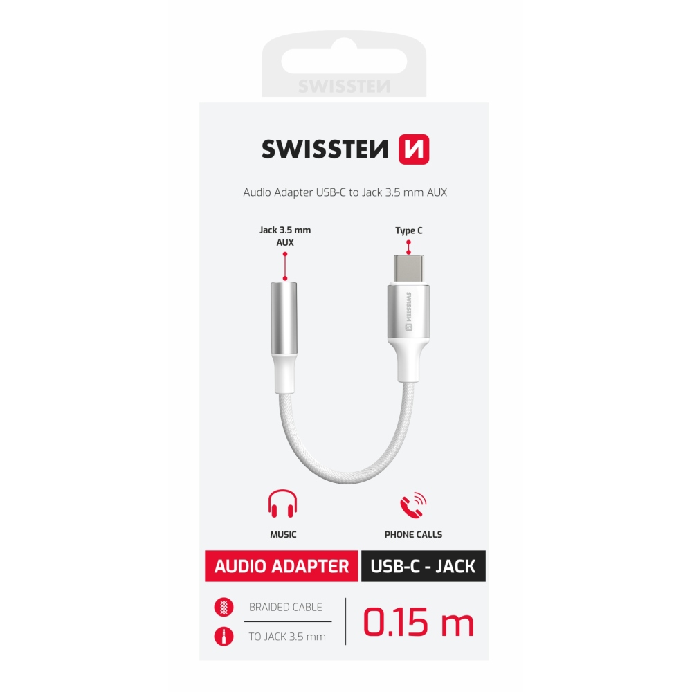 Audio redukce Swissten textile USB-C/JACK (samice) 0,15 m - bílá