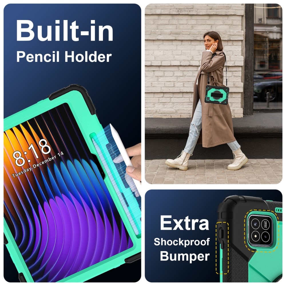 Strap odolný kryt s držákem na ruku a ramenním popruhem na Xiaomi Pad 7/7 Pro - černý/modrozelený