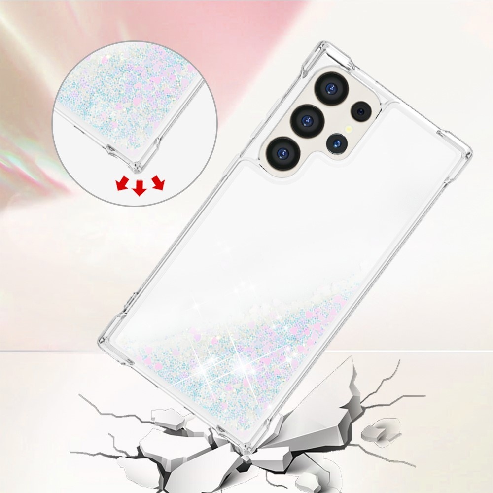 Glitter přesýpací gelový obal na Samsung Galaxy S24 Ultra - růžovostříbrný/srdíčka