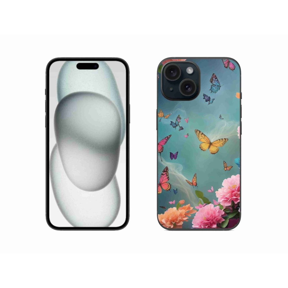 Gelový kryt mmCase na iPhone 15 - barevné květy a motýli