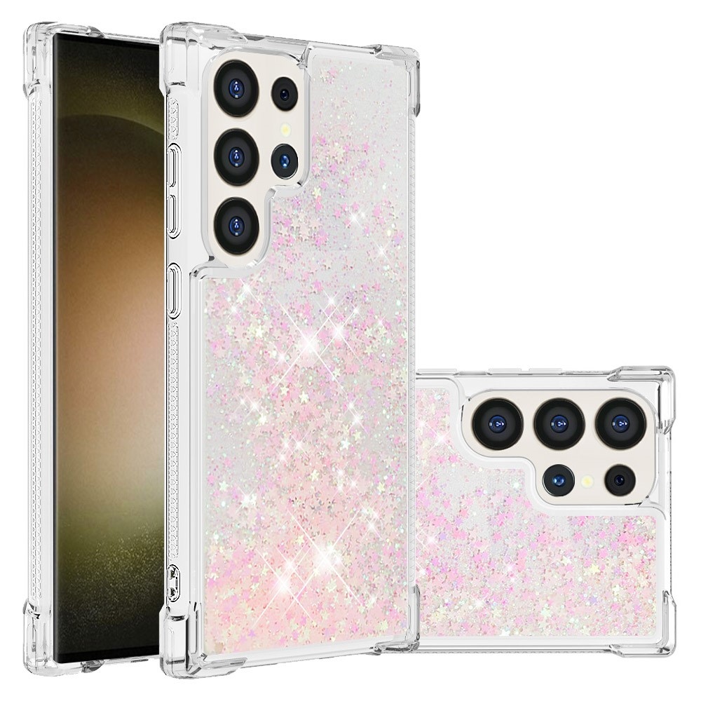Glitter přesýpací gelový obal na Samsung Galaxy S24 Ultra - růžový/hvězdičky