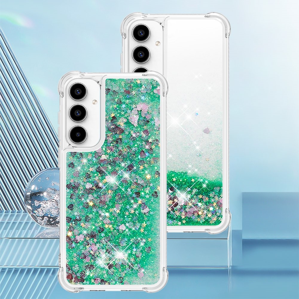 Glitter přesýpací gelový obal na Samsung Galaxy A56 5G - zelený/srdíčka
