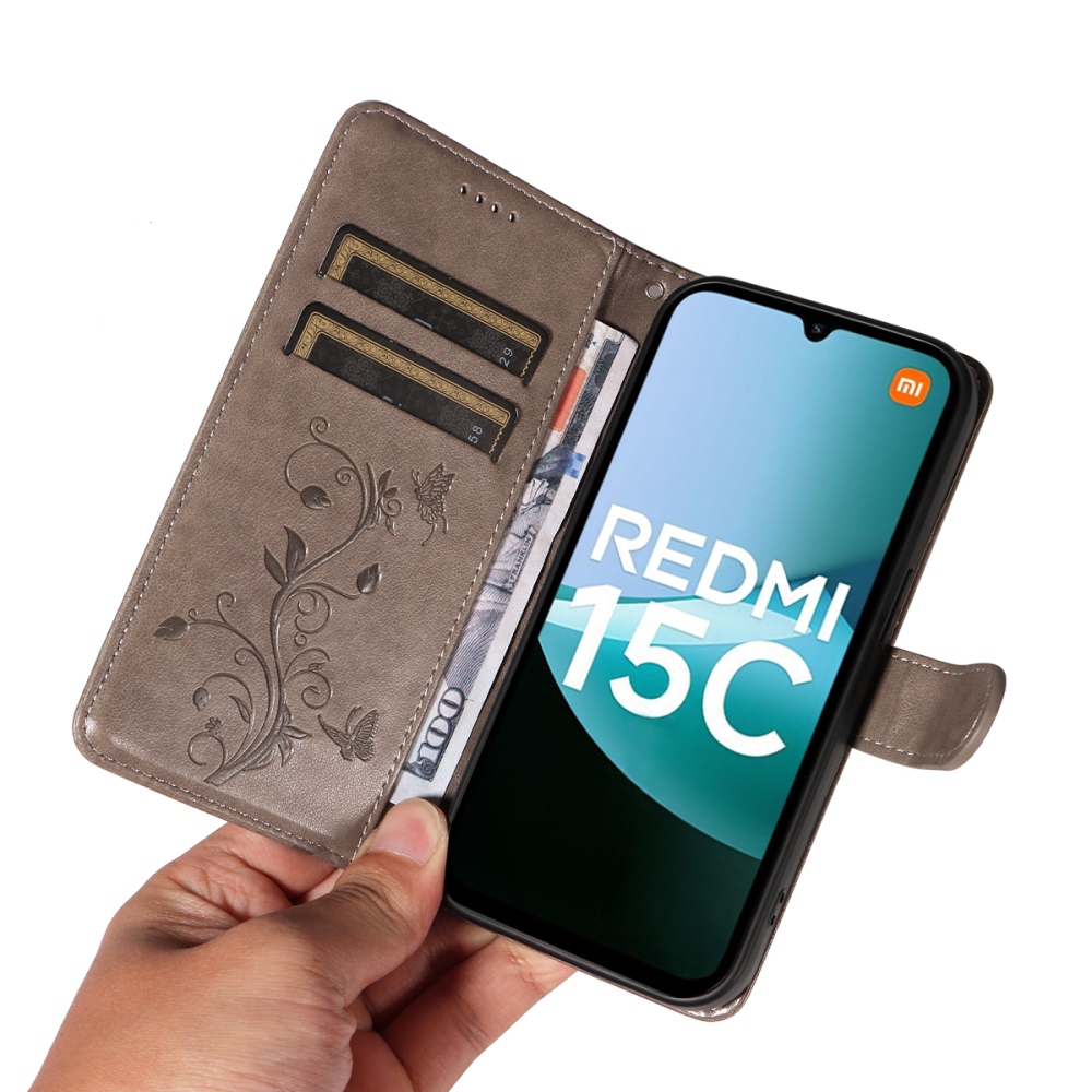 Flowers knížkové pouzdro na Xiaomi Redmi 15C 4G/5G (173mm) - šedé