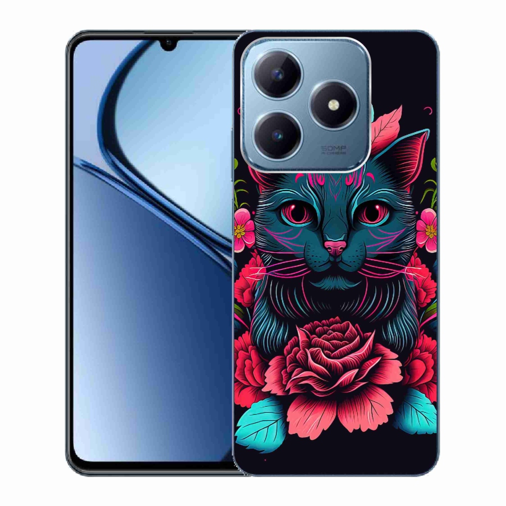 Gelový kryt mmCase na Realme C63 - květiny a kočka