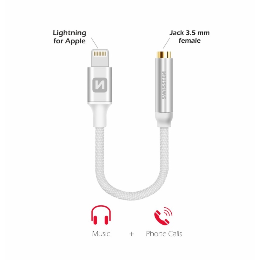 Audio redukce Swissten textile Lightning /JACK(samice) 0,15 m - stříbrná
