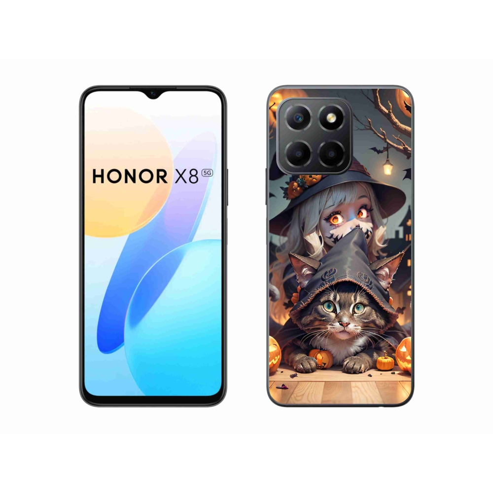 Gelový kryt mmCase na Honor X8 5G - čarodějnice s kočkou