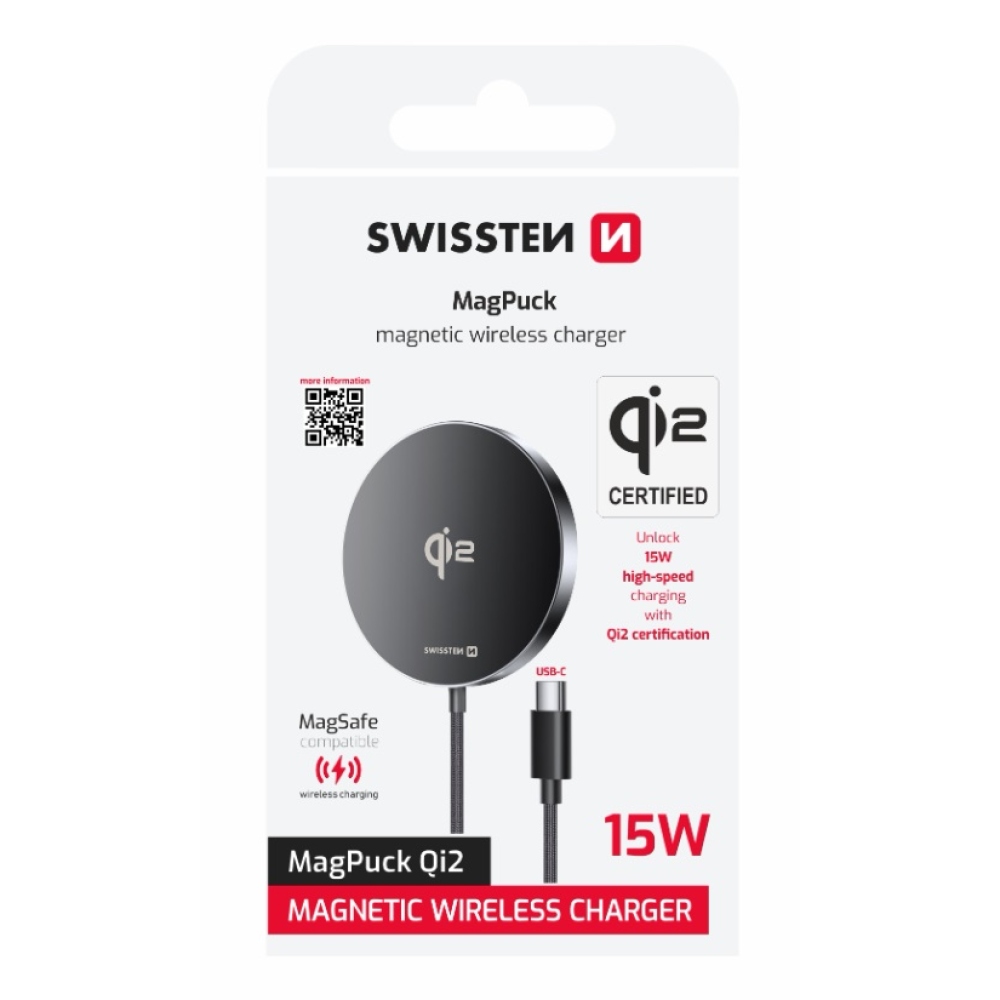 Swissten bezdrátová nabíječka MagPuck Qi2 1.5 M (kompatibilní s MagSafe)