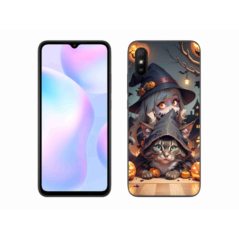 Gelový kryt mmCase na Xiaomi Redmi 9AT - čarodějnice s kočkou