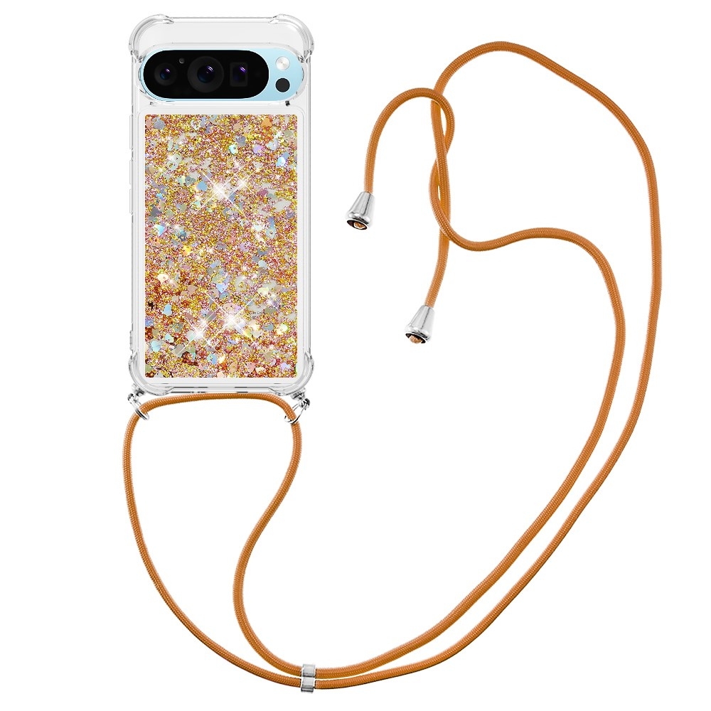 Glitters přesýpací gelový obal se šňůrkou na Google Pixel 10 Pro/Pixel 10 - zlatý/srdíčka
