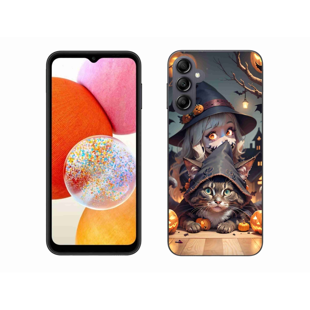 Gelový kryt mmCase na Samsung Galaxy A14 4G/5G - čarodějnice s kočkou