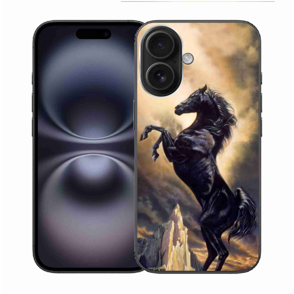 Gelový kryt mmCase na iPhone 16 - černý kreslený kůň