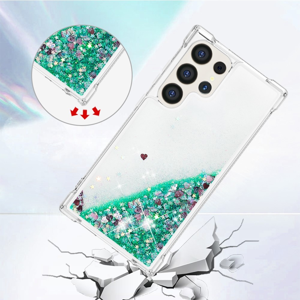 Glitter přesýpací gelový obal na Samsung Galaxy S24 Ultra - zelený/srdíčka