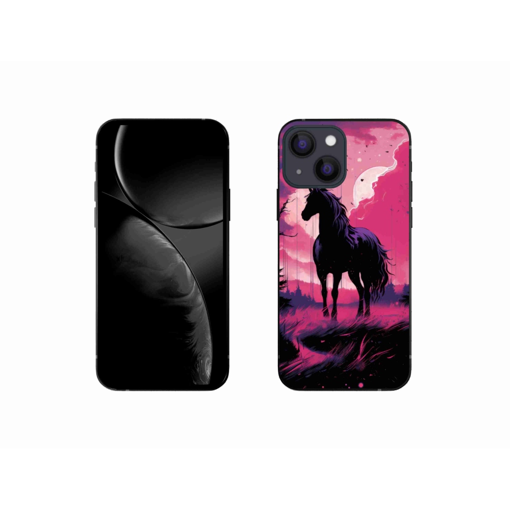 Gelový kryt mmCase na iPhone 13 mini - černý kreslený kůň 1