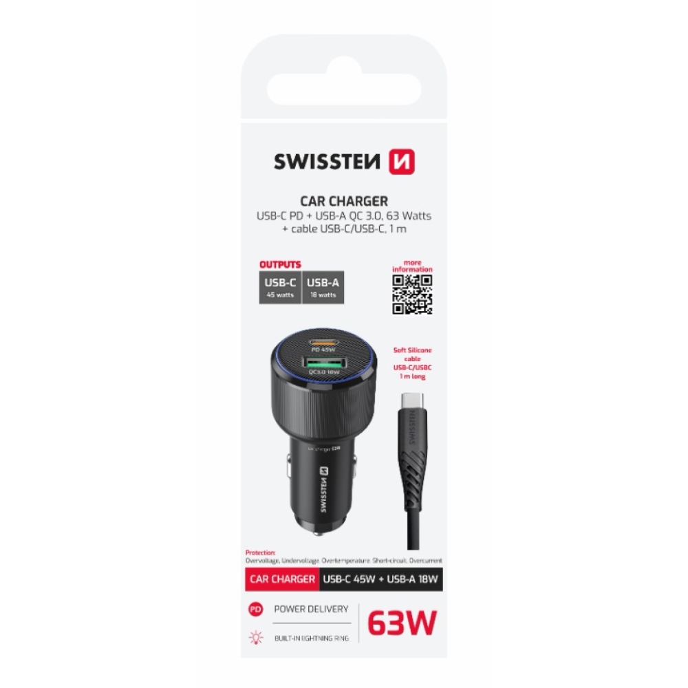 Swissten CL adaptér USB-C PD + USB-A, 63W - černý + kabel USB-C / USB-C, 1m