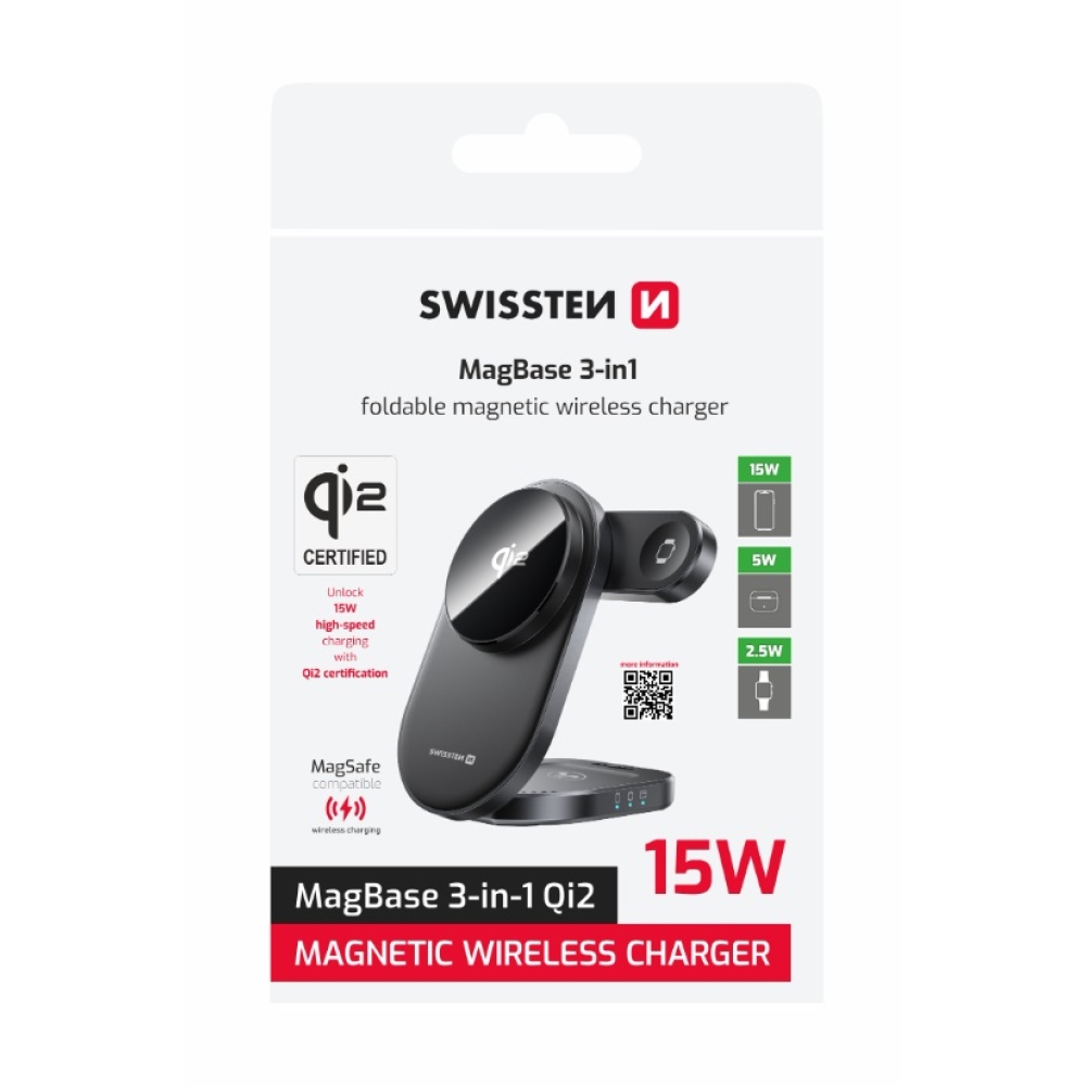 Swissten skládací bezdrátová Qi2 nabíječka MagBase 3v1 - černá (kompatibilní s MagSafe)