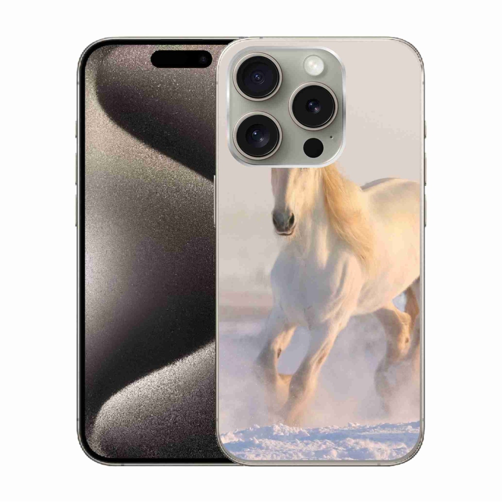 Gelový obal mmCase na iPhone 15 Pro - kůň ve sněhu