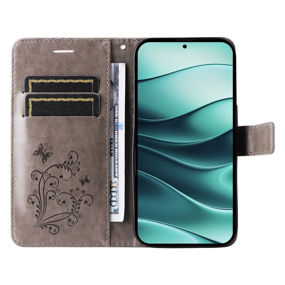 Big Butterfly knížkové pouzdro na Xiaomi Redmi Note 14 5G - šedé
