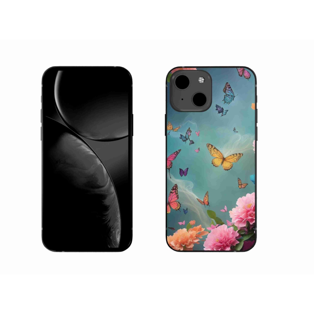 Gelový kryt mmCase na iPhone 13 - barevné květy a motýli