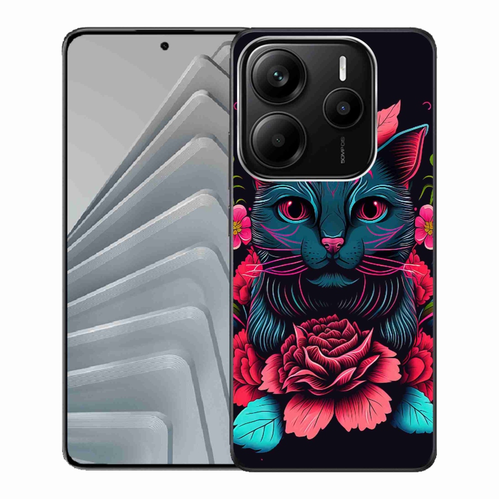 Gelový kryt mmCase na Xiaomi Redmi Note 14 5G - květiny a kočka