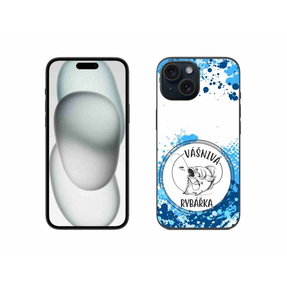 Gelový kryt mmCase na iPhone 15 - vášnivá rybářka bílé pozadí