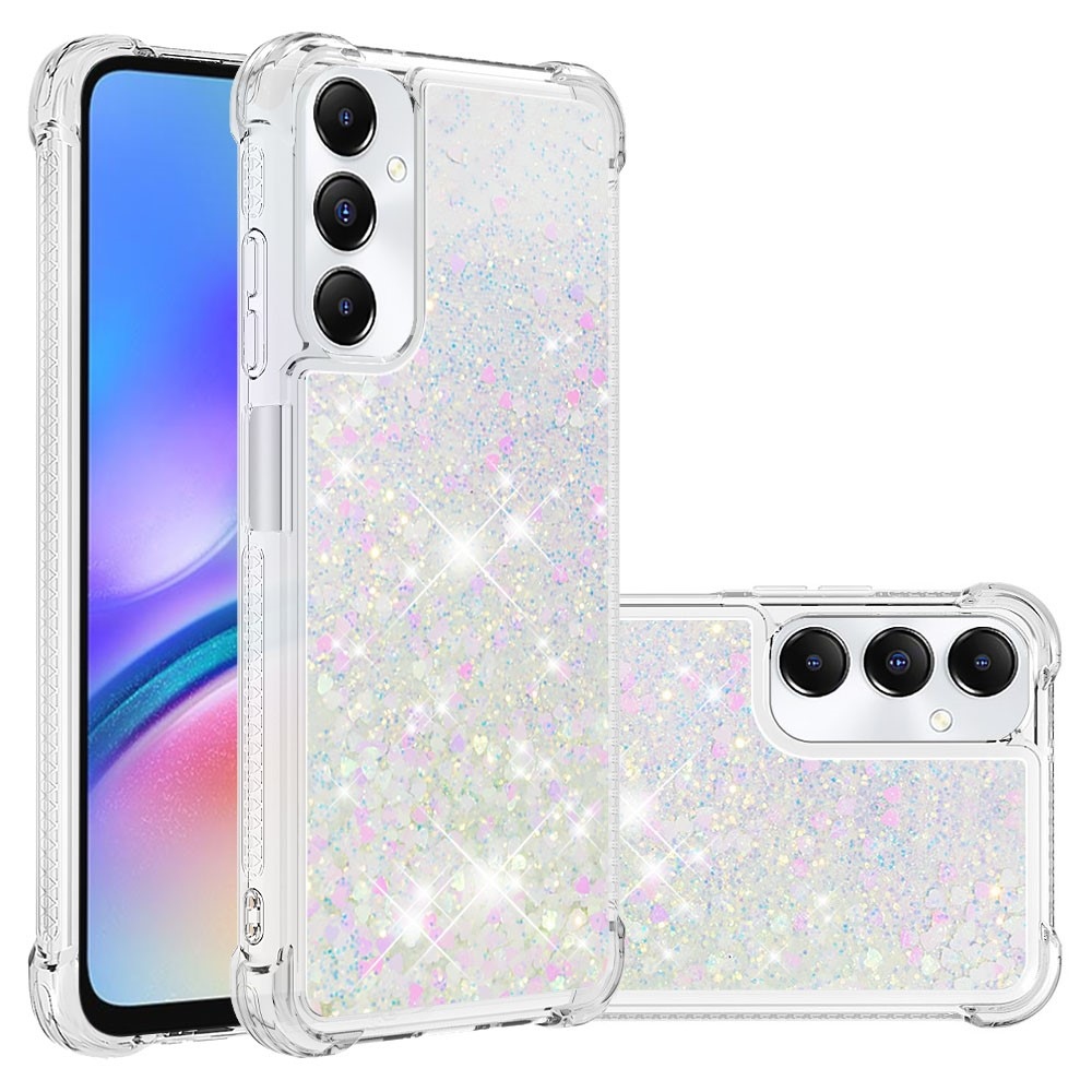 Glitter gelový přesýpací obal na Samsung Galaxy A05s - růžovostříbrný/srdíčka