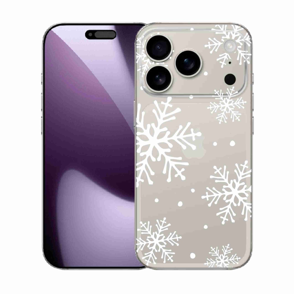Gelový kryt mmCase na iPhone 17 Pro - bílé vločky na průhledném pozadí