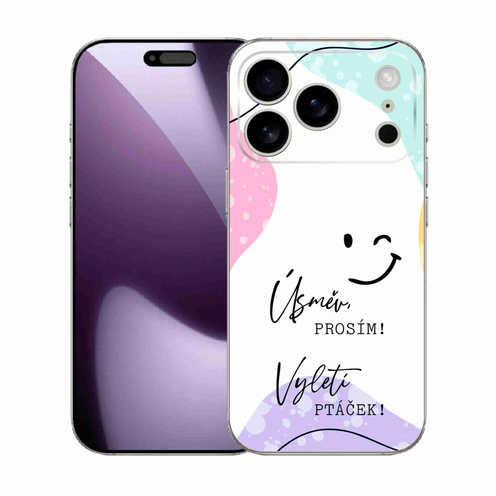 Gelový kryt mmCase na iPhone 17 Pro - vtipný text 4 bílé pozadí