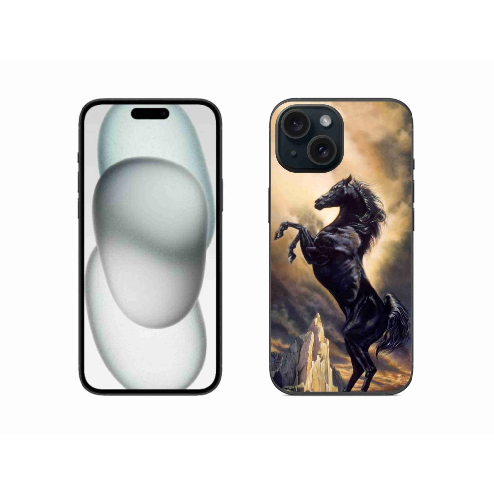 Gelový kryt mmCase na iPhone 15 - černý kreslený kůň