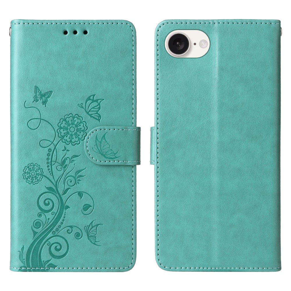 Flowery knížkové pouzdro na iPhone 16e - modrozelené