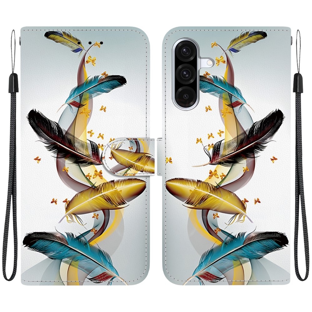 Versatile knížkové pouzdro na Samsung Galaxy A36 5G/A56 5G - zlatá a modrá pírka