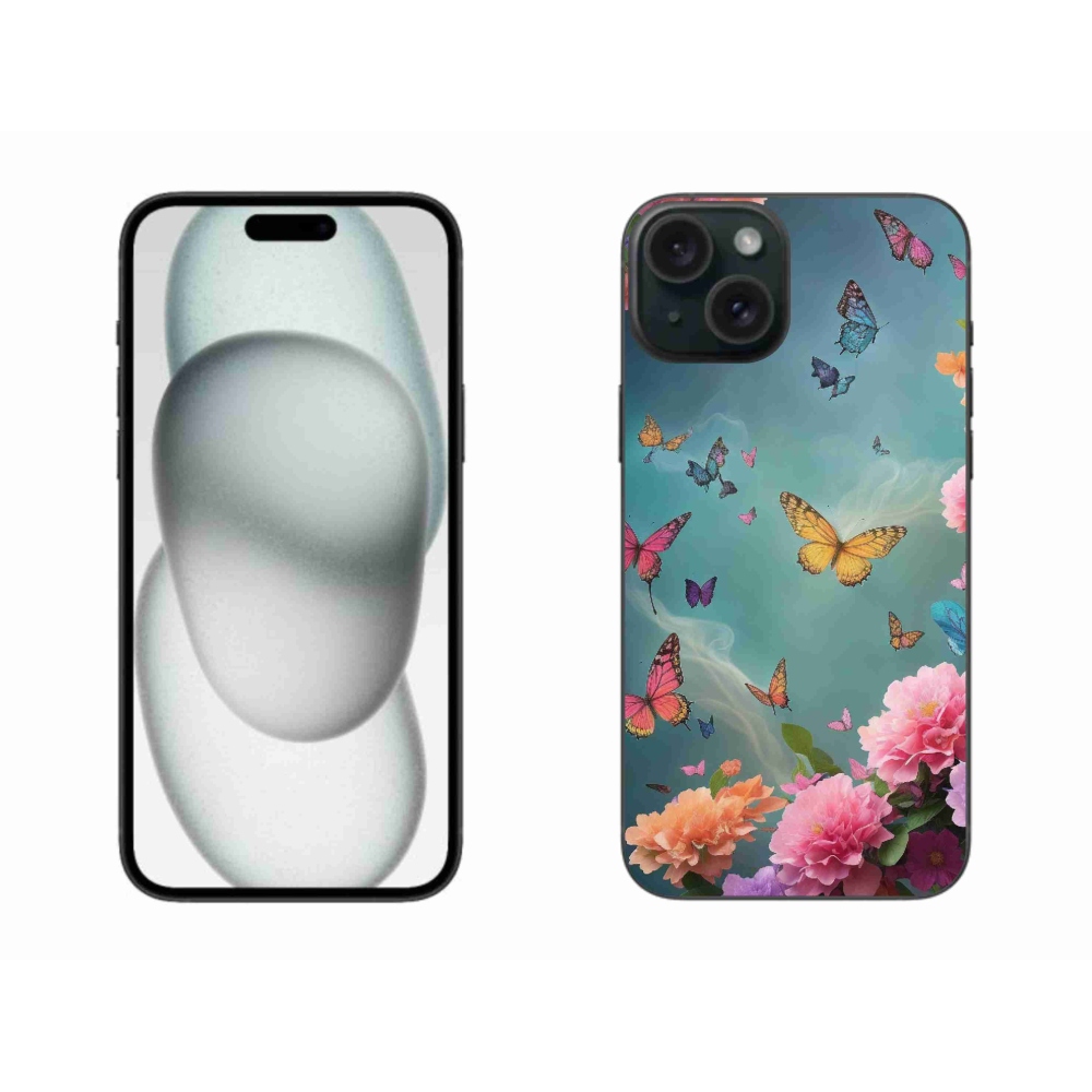 Gelový kryt mmCase na iPhone 15 Plus - barevné květy a motýli