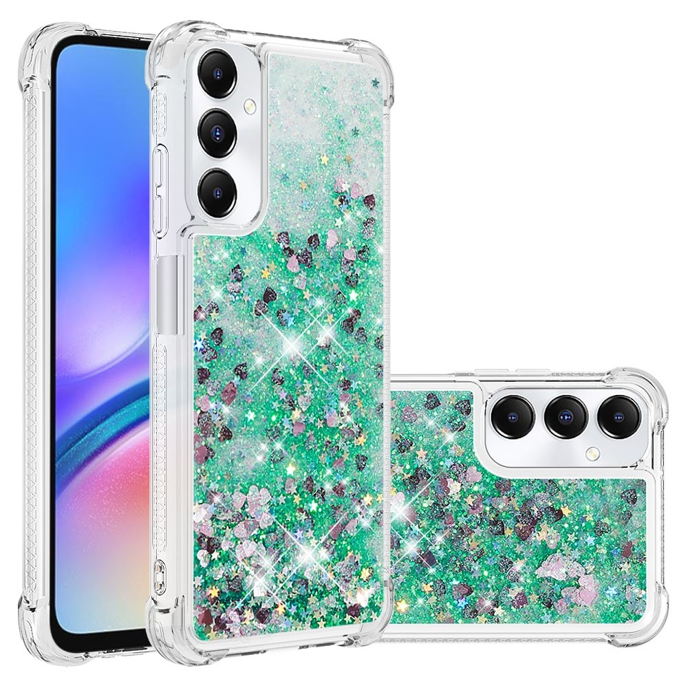 Glitter gelový přesýpací obal na Samsung Galaxy A05s - zelený/srdíčka