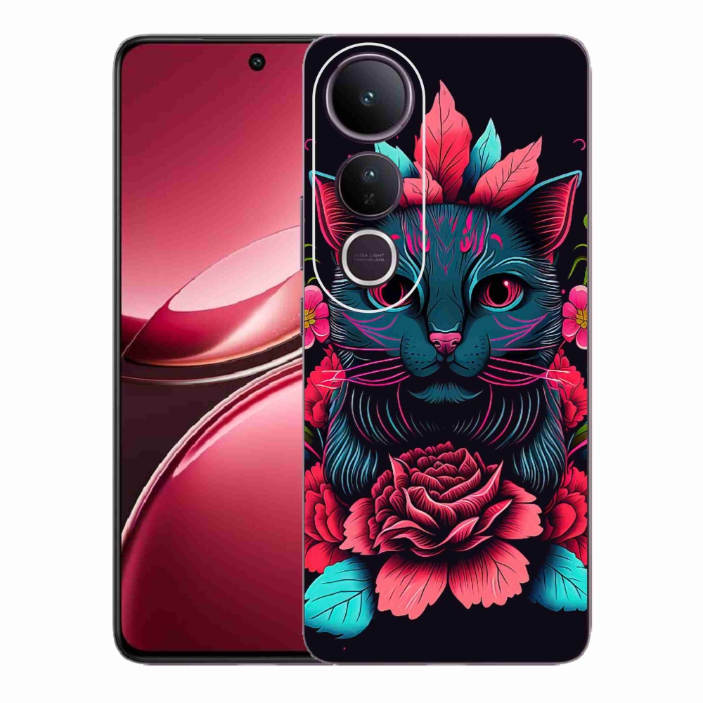 Gelový kryt mmCase na Vivo V50 Lite 4G/5G - květiny a kočka
