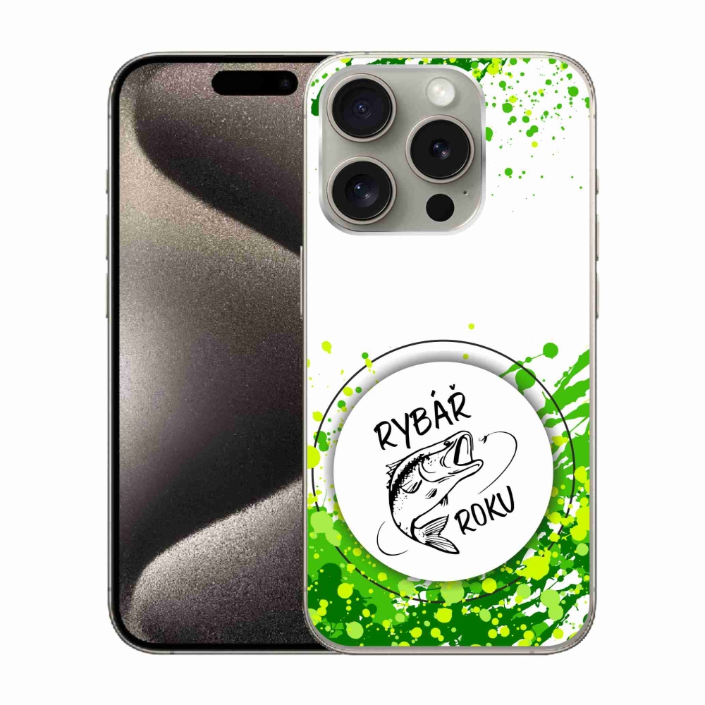 Gelový kryt mmCase na iPhone 15 Pro - rybář roku bílé pozadí