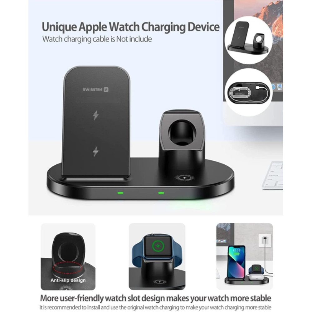 Bezdrátová nabíječka Swissten 3v1 station pro Apple a Samsung - černá