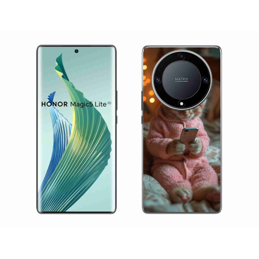 Gelový kryt mmCase na Honor Magic 5 Lite 5G - kotě s mobilem