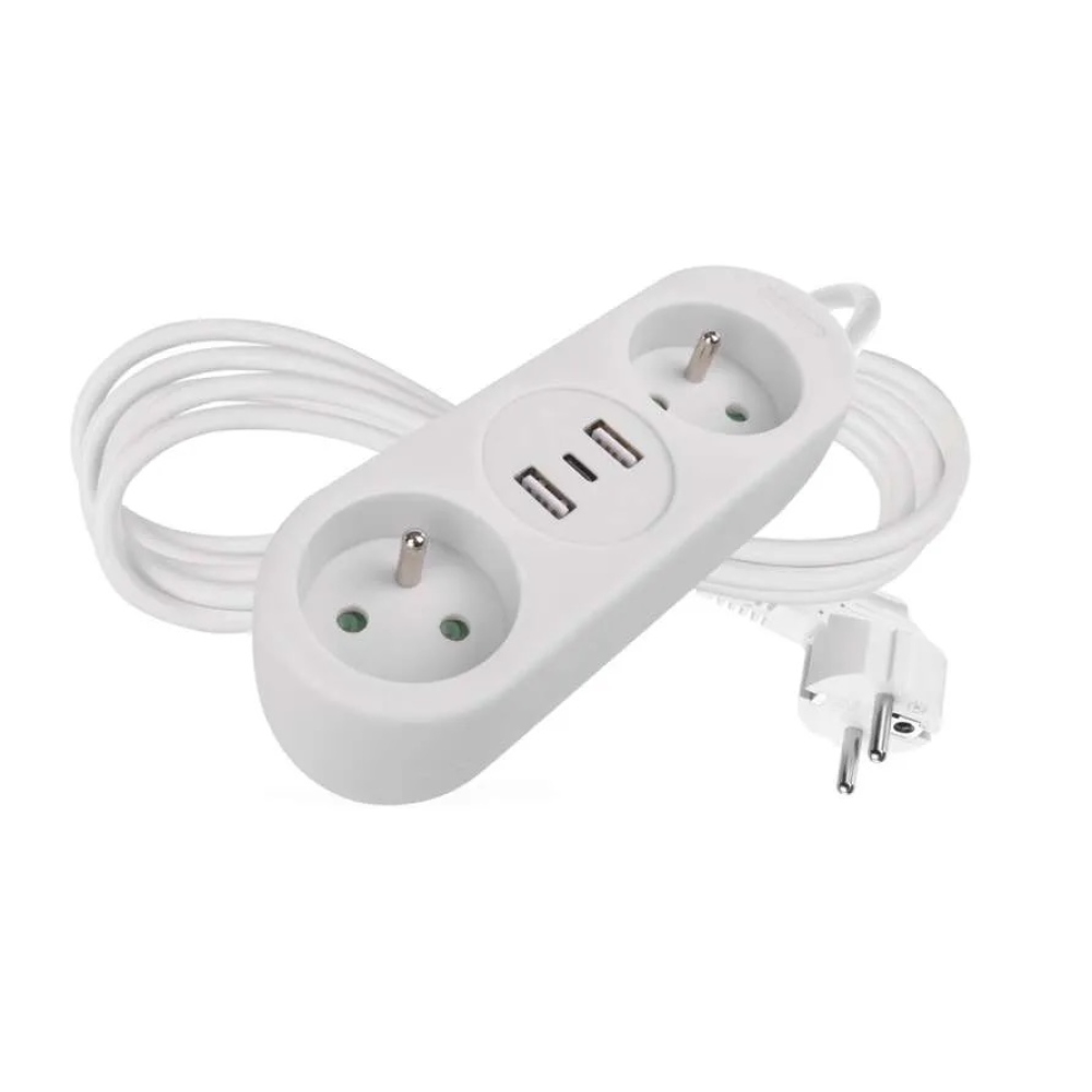 Prodlužovací kabel 1,4 m / 2 zásuvky+2×USB-A+1×USB-C / bílý / PVC / 1,5 mm2