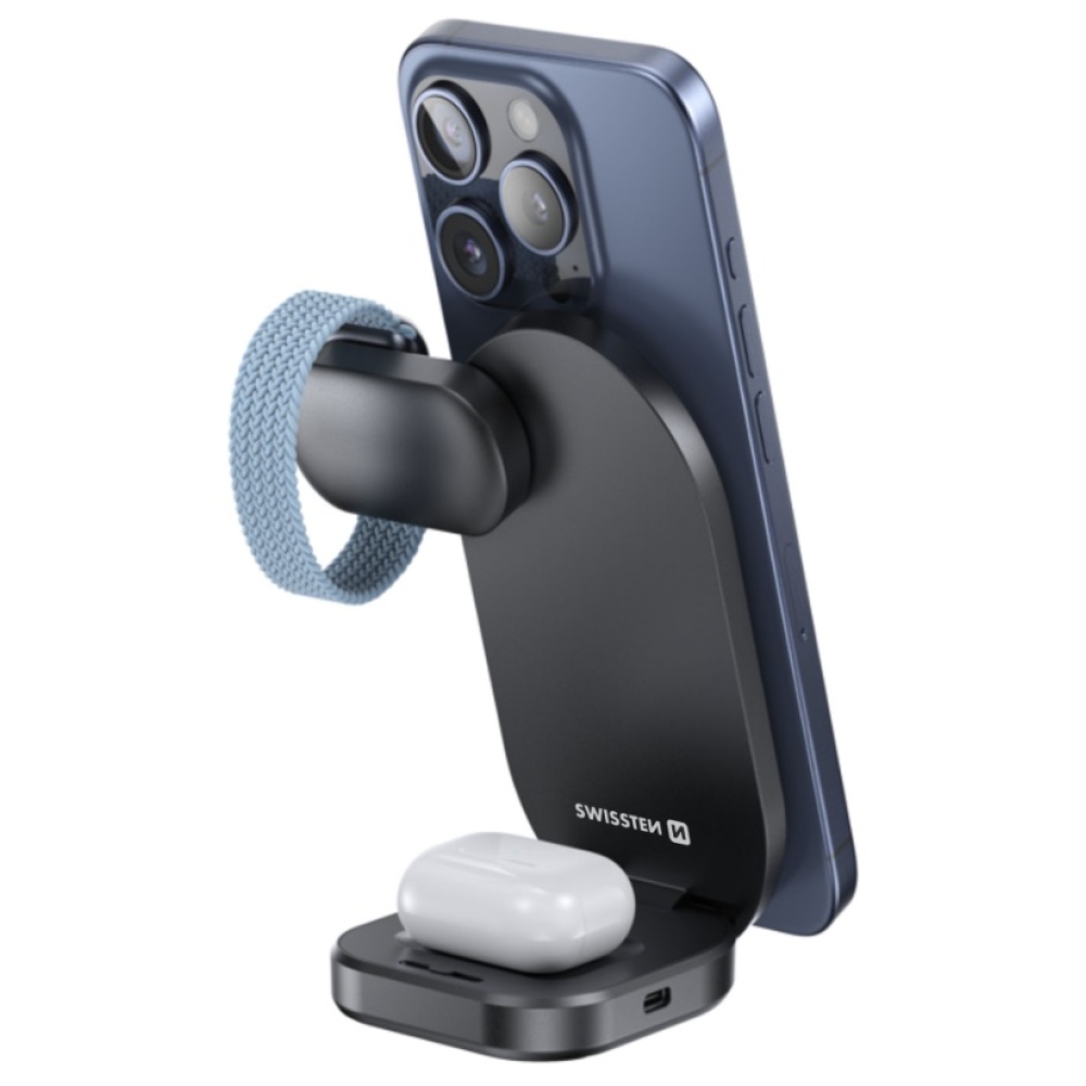 Swissten skládací bezdrátová Qi2 nabíječka MagBase 3v1 - černá (kompatibilní s MagSafe)