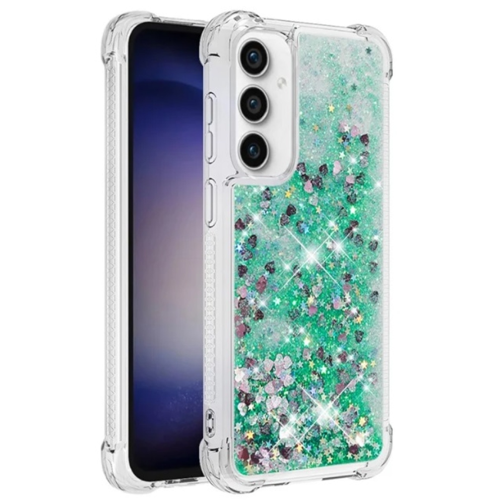 Glitter gelový přesýpací obal na Samsung Galaxy S23 FE - zelený/srdíčka