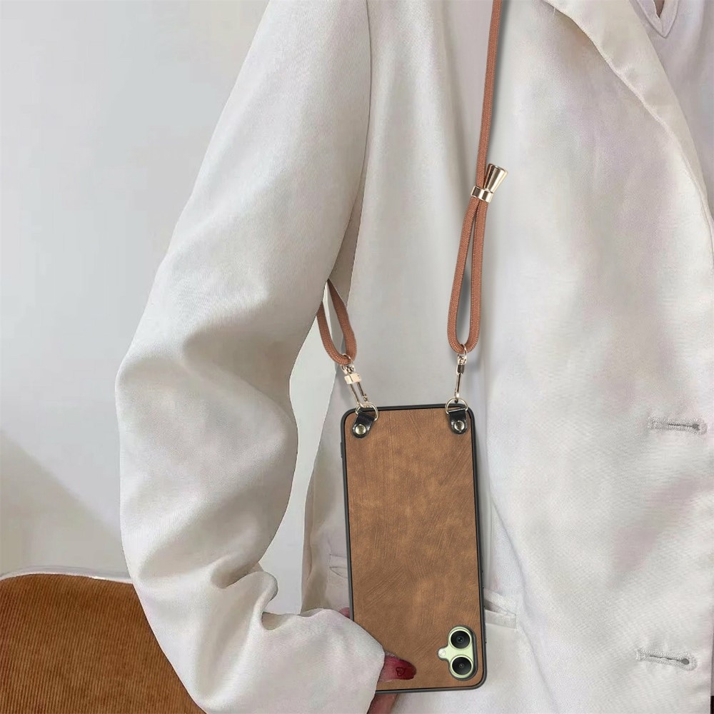 Retro gelový obal se šňůrkou a s umělou kůží na Samsung Galaxy A06 4G - hnědý