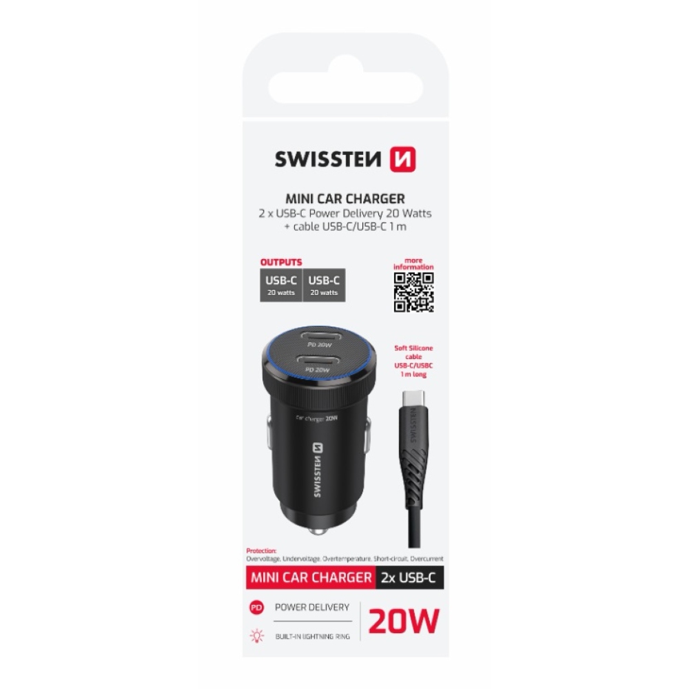 Swissten CL adaptér 2x USB-C PD, 20W - černý + kabel USB-C / USB-C, 1m