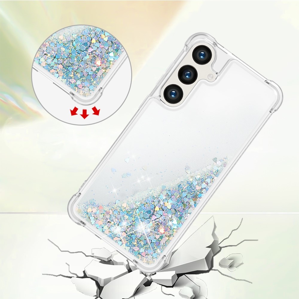 Glitter přesýpací gelový obal na mobil Samsung Galaxy S24+ - stříbrný/srdíčka