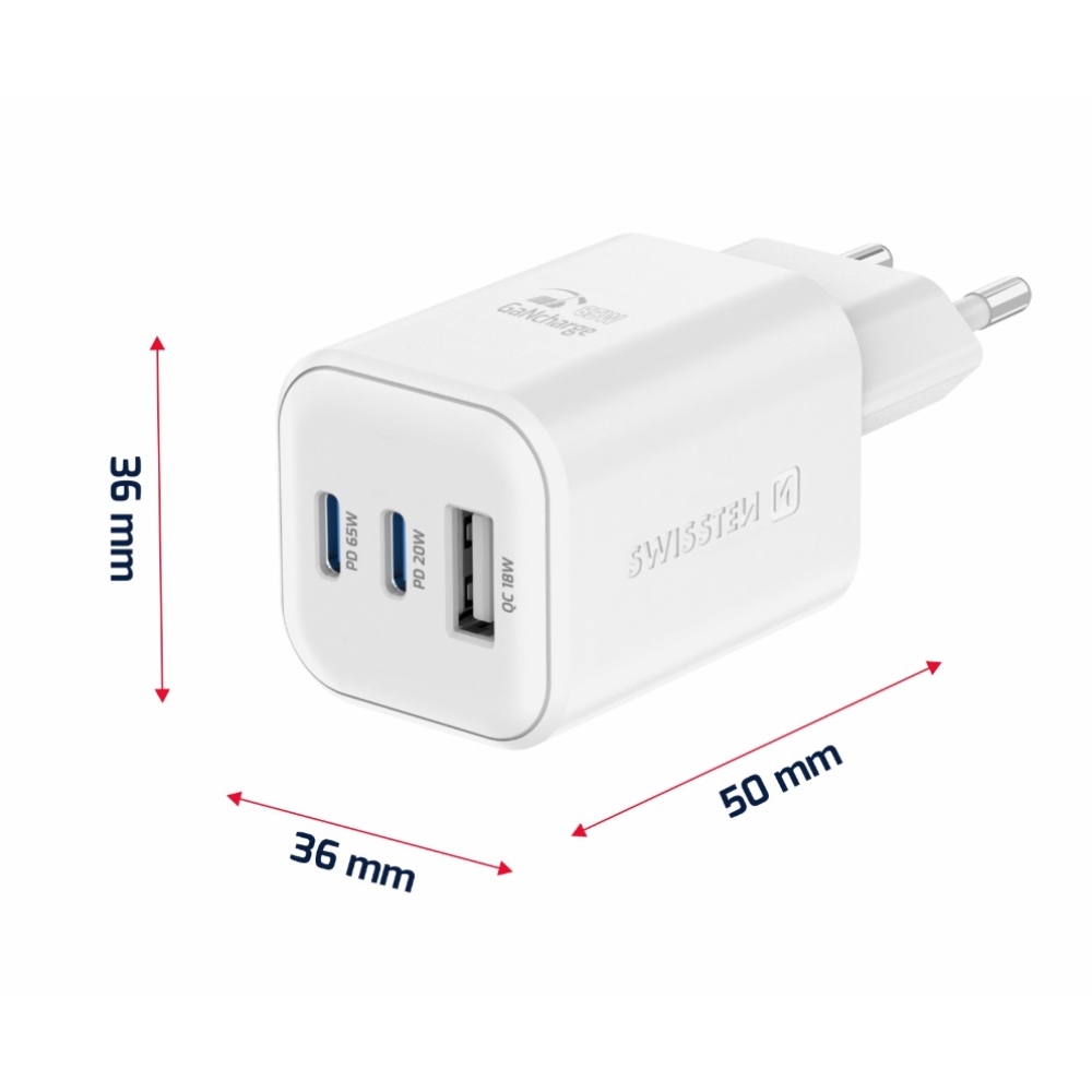 Nabíječka Swissten GaN 2x USB-C 65W PD + 1x USB-A 18W QC - bílá