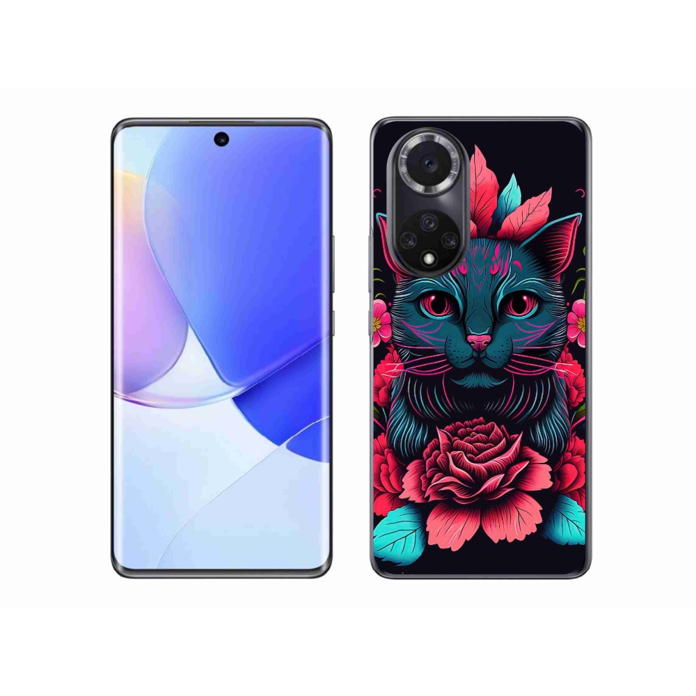 Gelový kryt mmCase na Huawei Nova 9 - květiny a kočka