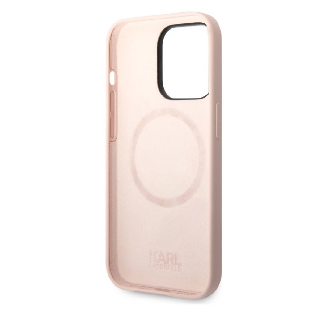 Karl Lagerfeld MagSafe kryt Liquid Silicone Karl Head iPhone 14 Pro růžový