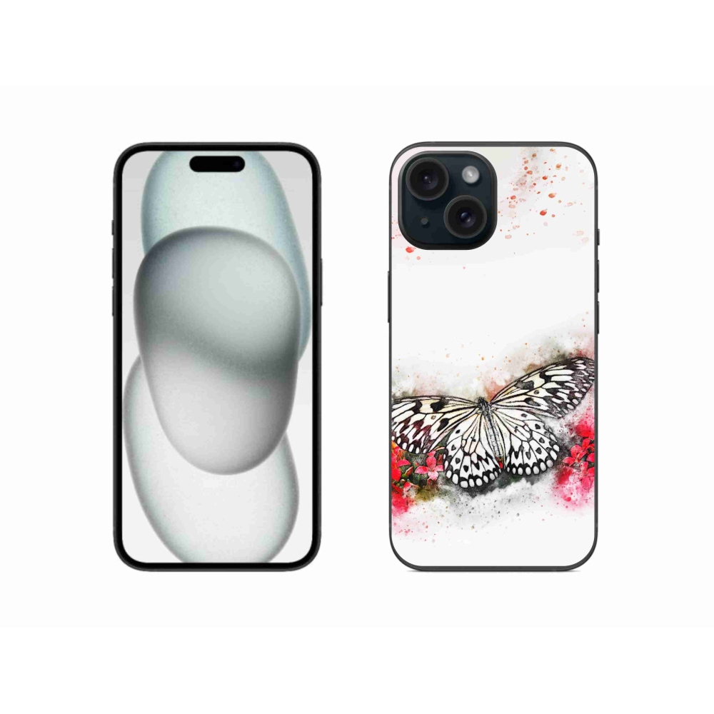 Gelový kryt mmCase na iPhone 15 - černobílý motýl