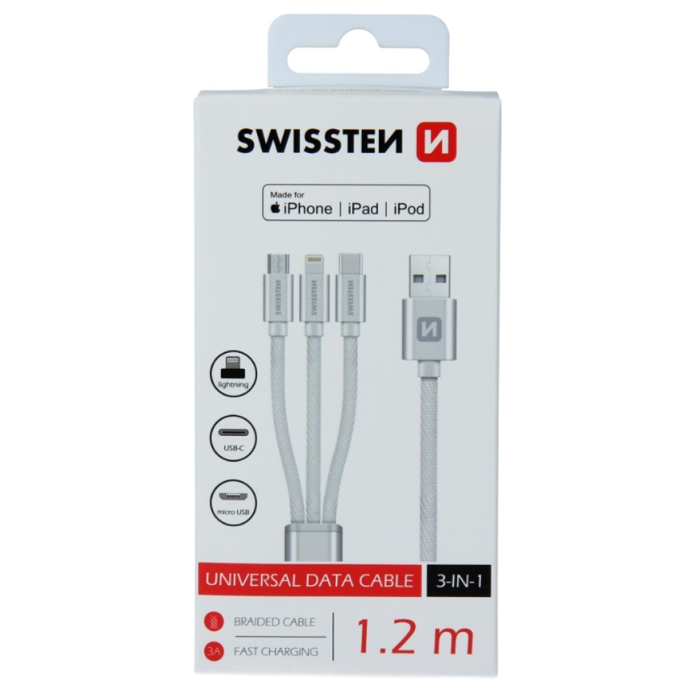 Swissten tkaný kabel 3v1 MFI 1,2 m (Lightning, USB-C, Micro USB) - stříbrný